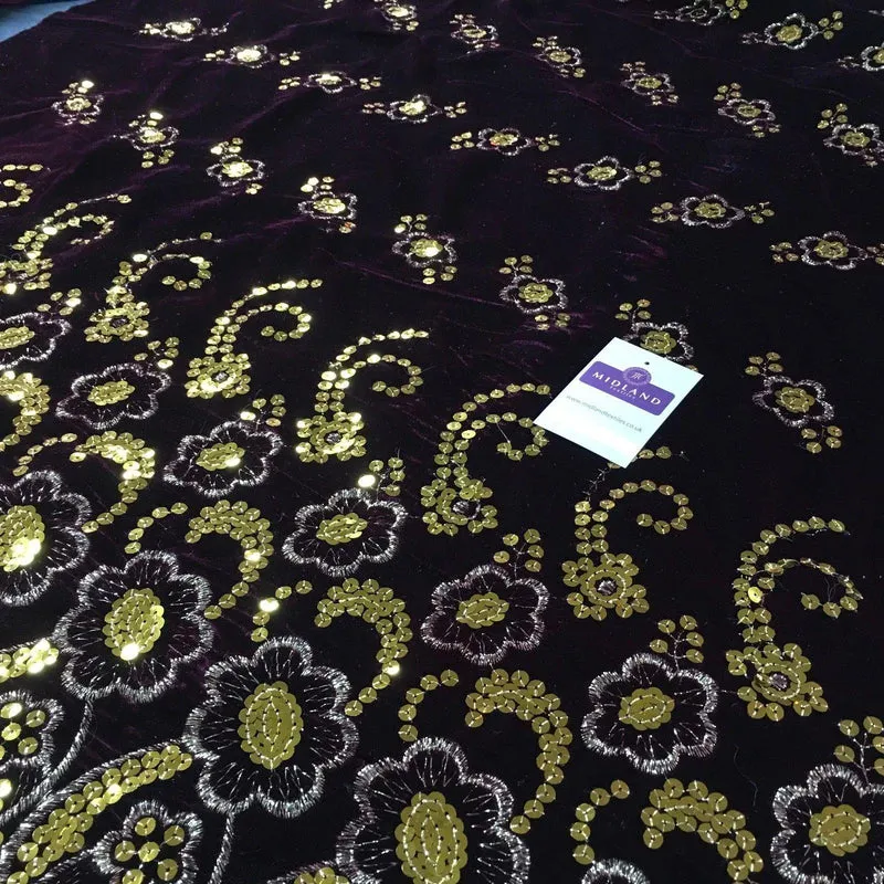 Gold Sequin Embellished Scalloped edge Micro Velvet 40" Wide M47 Mtex