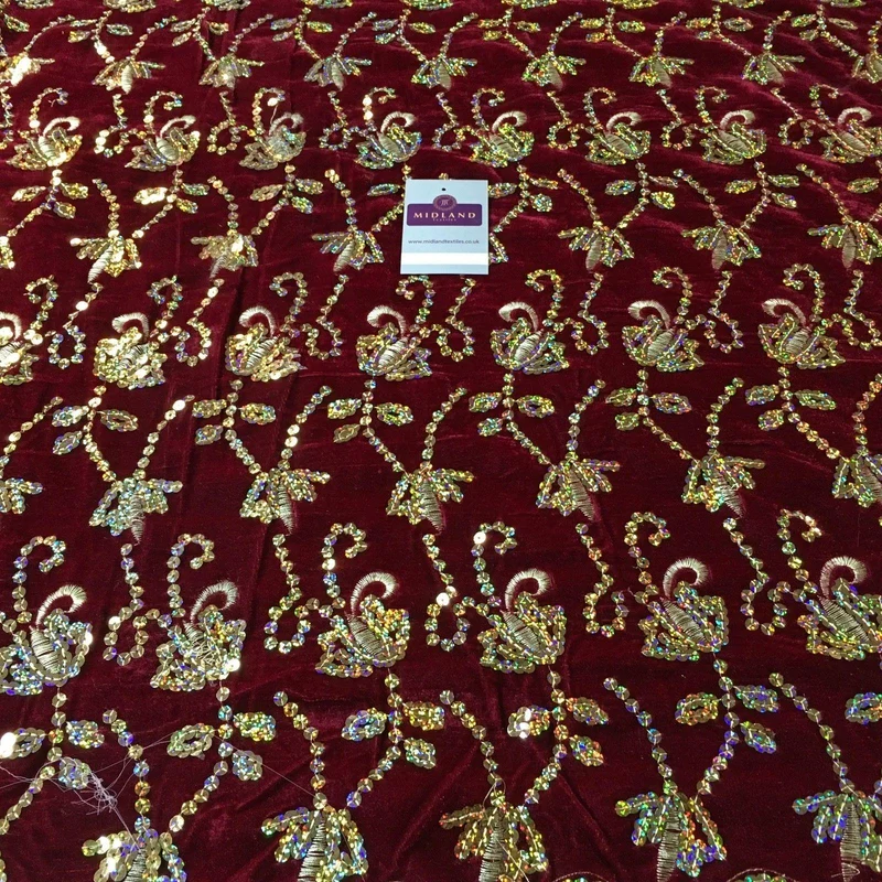 Gold Sequin Embellished Scalloped edge Micro Velvet 40" Wide M47 Mtex