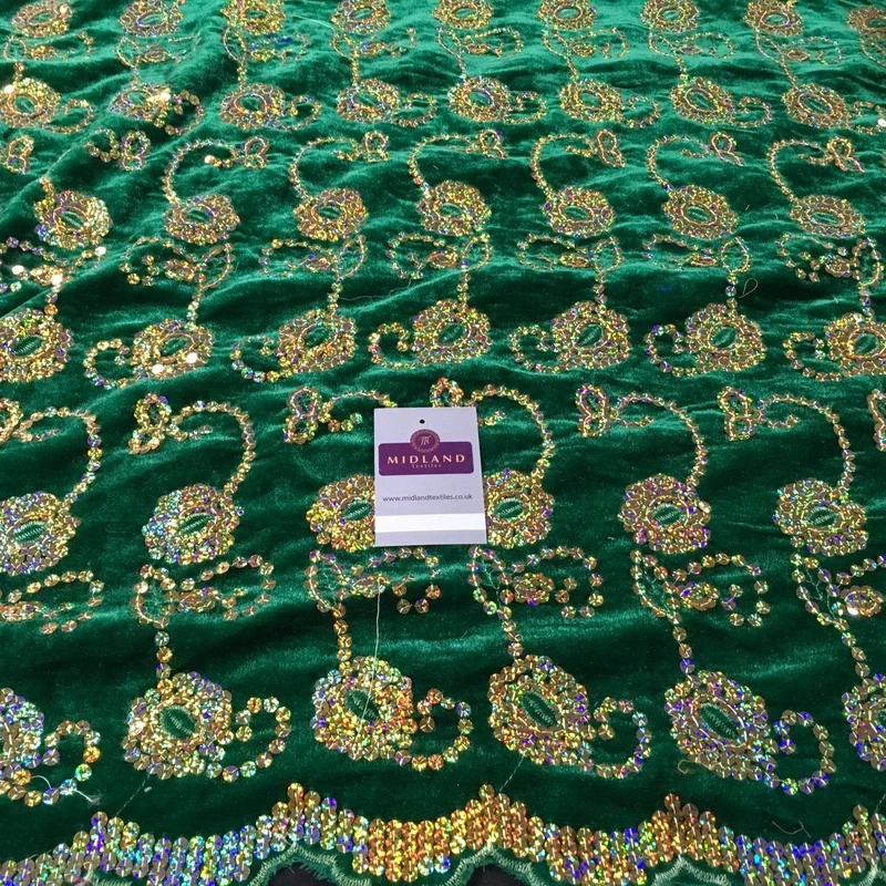 Gold Sequin Embellished Scalloped edge Micro Velvet 40" Wide M47 Mtex