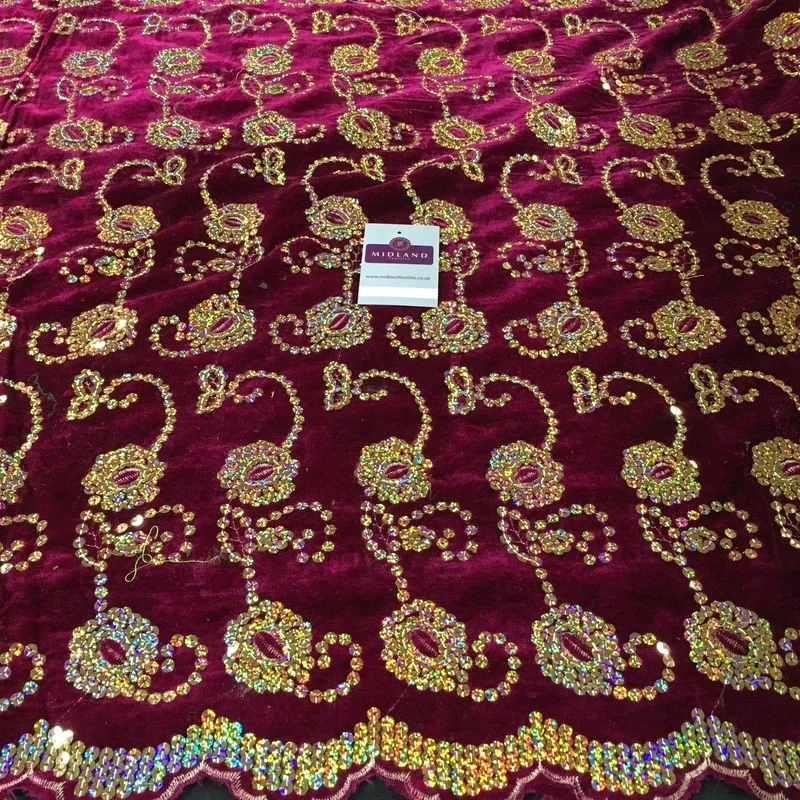 Gold Sequin Embellished Scalloped edge Micro Velvet 40" Wide M47 Mtex