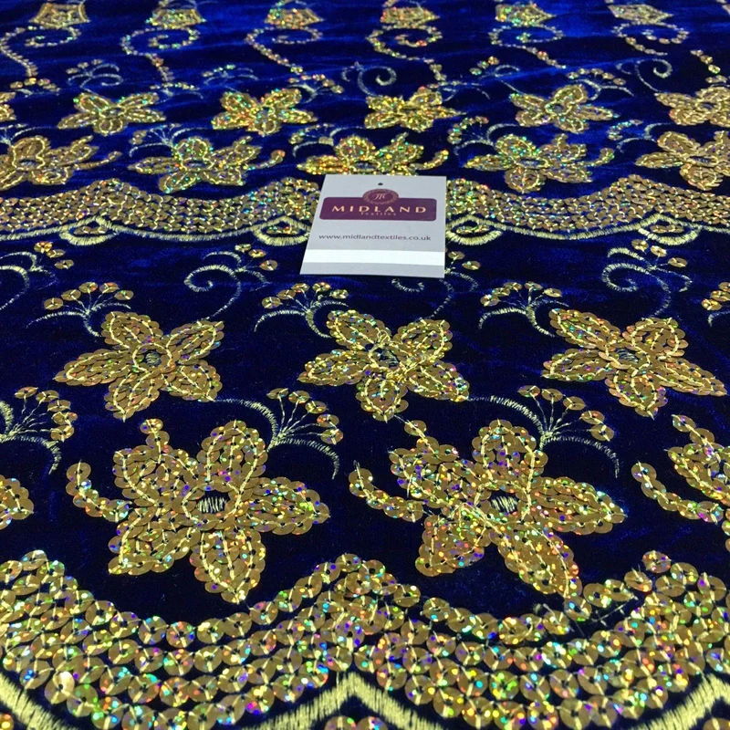 Gold Sequin Embellished Scalloped edge Micro Velvet 40" Wide M47 Mtex