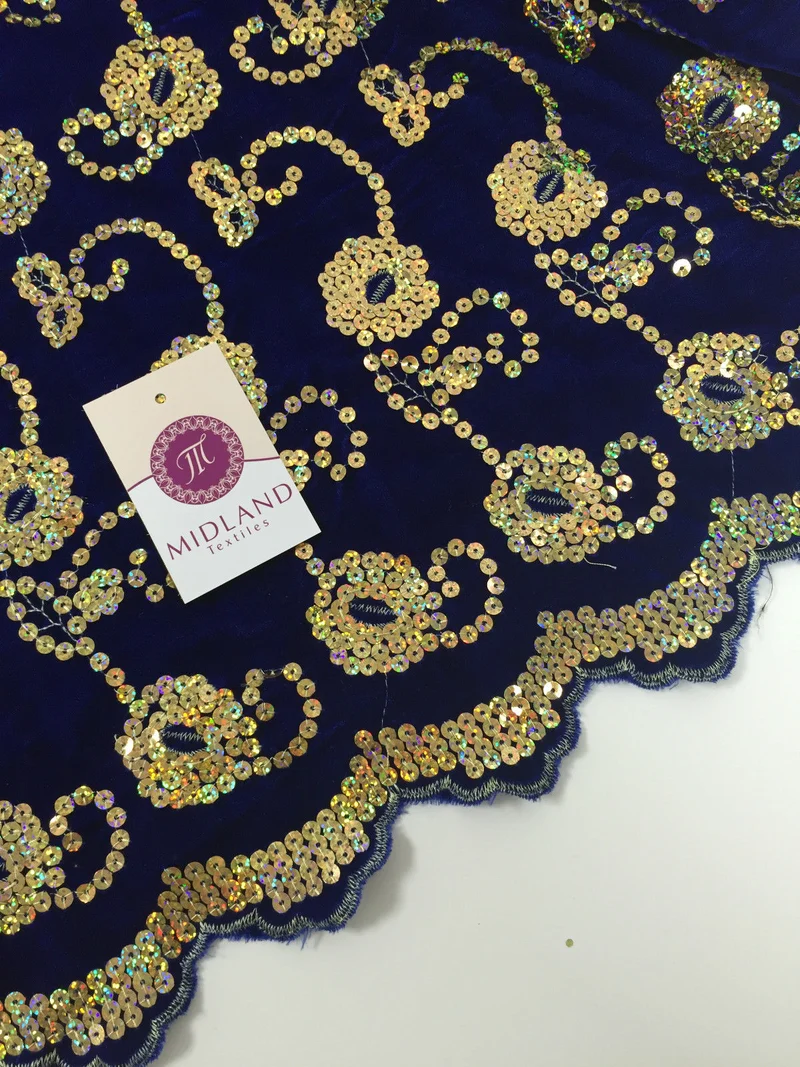 Gold Sequin Embellished Scalloped edge Micro Velvet 40" Wide M47 Mtex