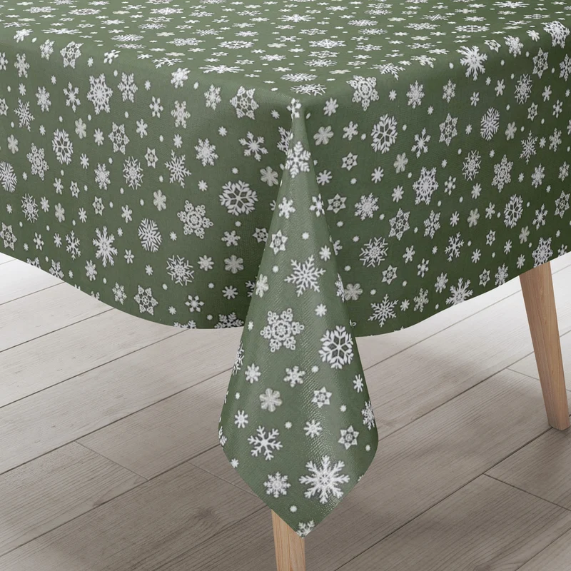 Wachstuch Tischdecke geprägt Weihnachten P1096-4 Schneeflocken auf grün eckig rund oval