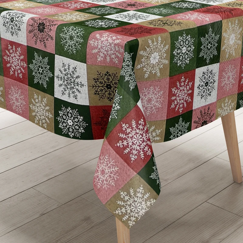 KEVKUS Wachstuch Tischdecke Weihnachten 01355-05 Schneeflocken Karo rot grün gold eckig rund oval