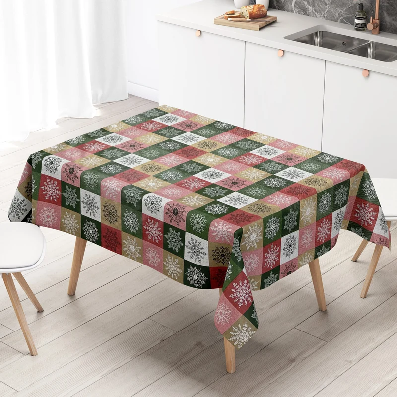 KEVKUS Wachstuch Tischdecke Weihnachten 01355-05 Schneeflocken Karo rot grün gold eckig rund oval