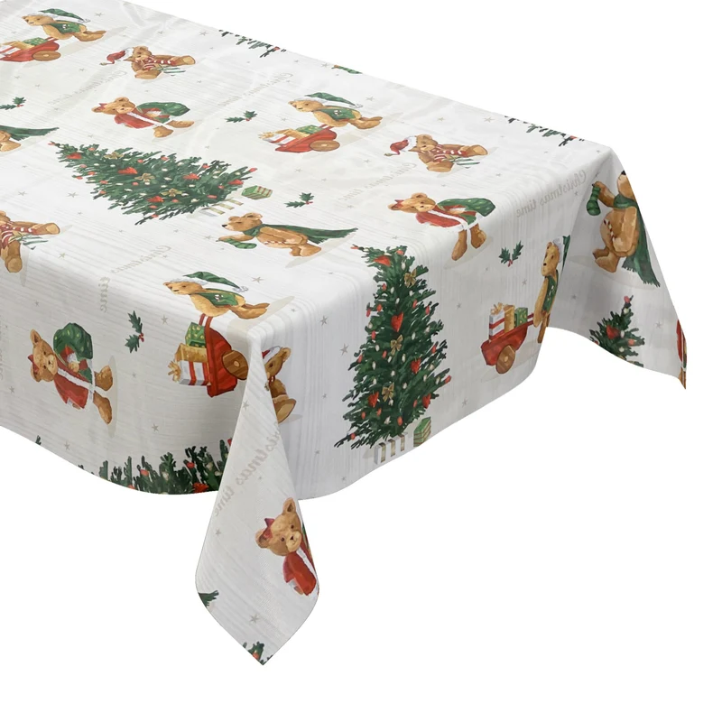 KEVKUS Wachstuch Tischdecke Weihnachten C141531 Teddy Tannenbaum weiß eckig rund oval