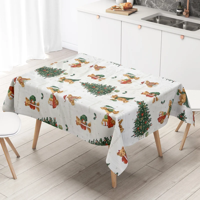 KEVKUS Wachstuch Tischdecke Weihnachten C141531 Teddy Tannenbaum weiß eckig rund oval