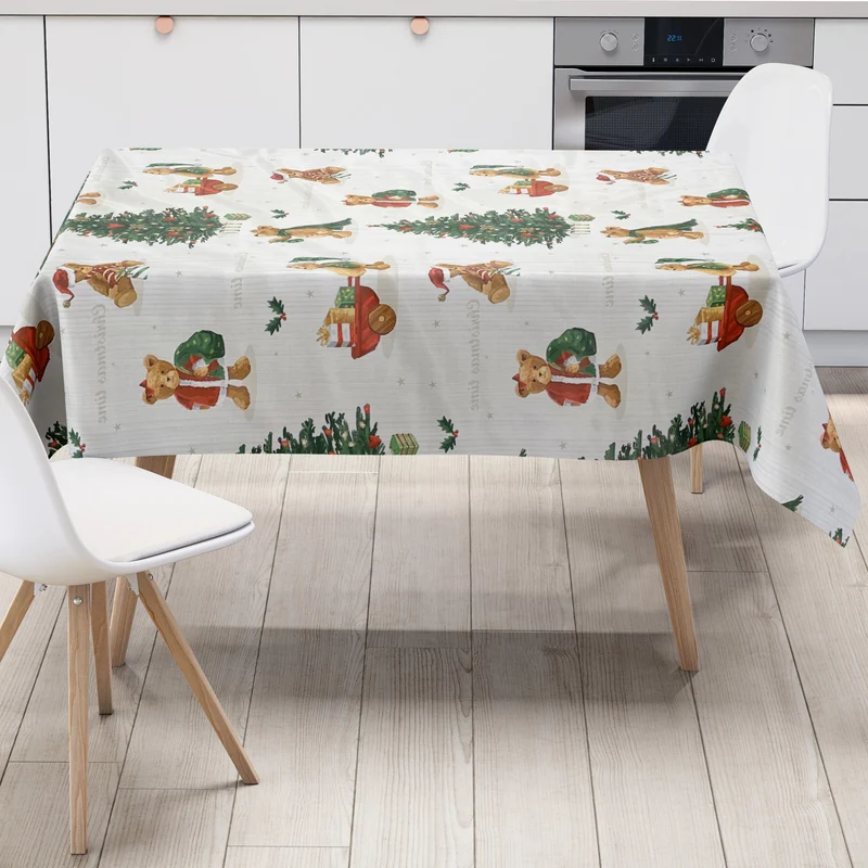 KEVKUS Wachstuch Tischdecke Weihnachten C141531 Teddy Tannenbaum weiß eckig rund oval