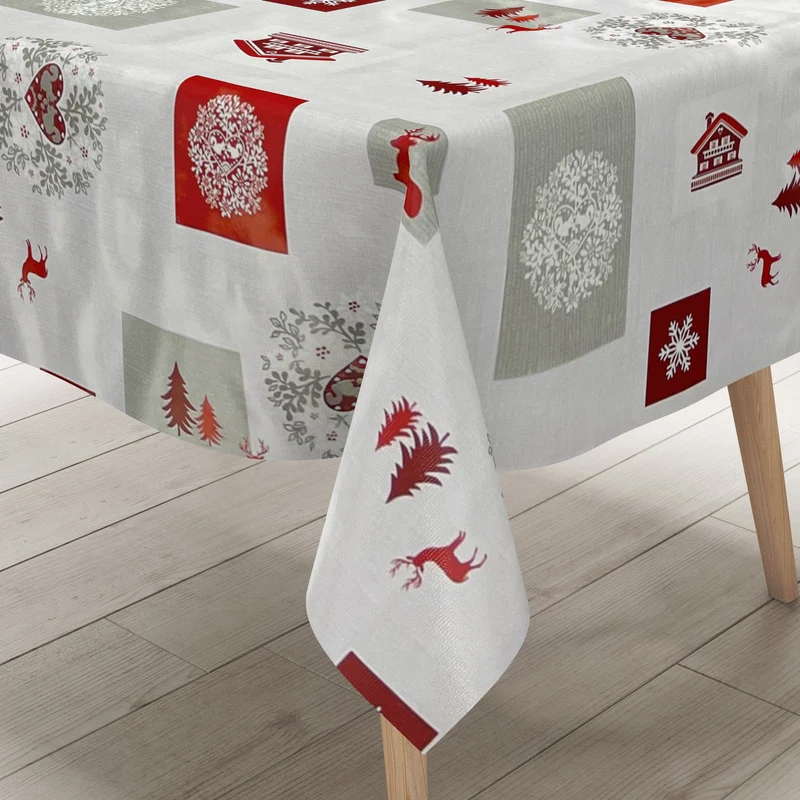 KEVKUS Wachstuch Tischdecke Weihnachten B4017-01 Rentier Schneeflocke rot grau eckig rund oval
