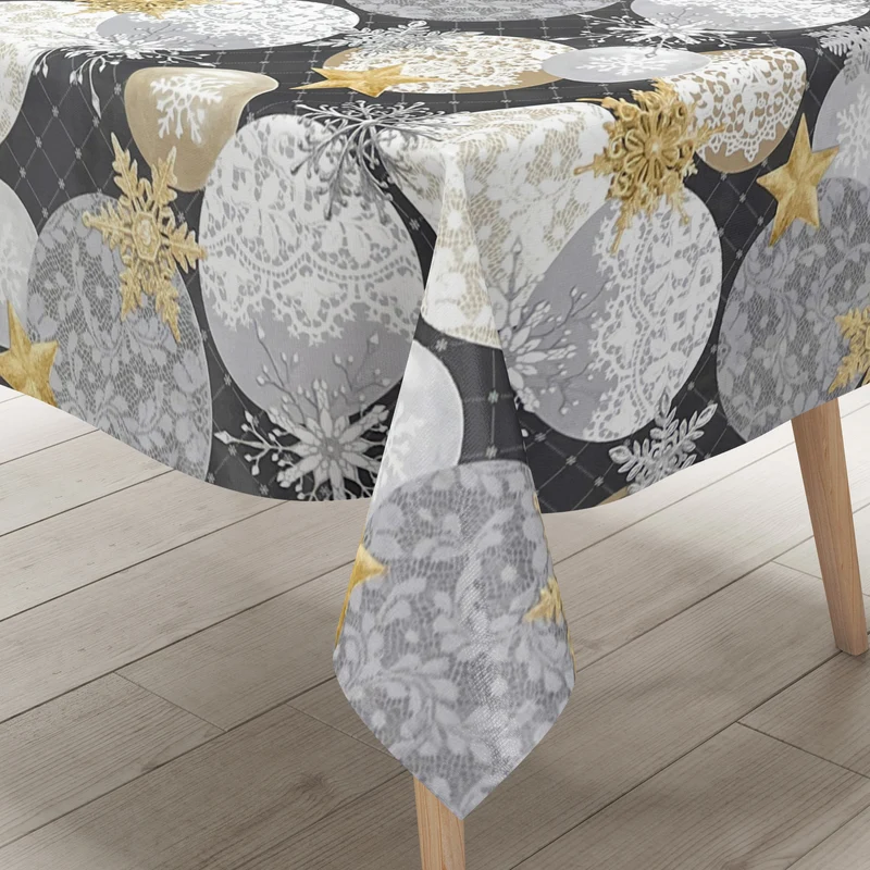 KEVKUS Wachstuch Tischdecke Weihnachten B7000-02 goldene Sterne anthrazit Kugeln eckig rund oval