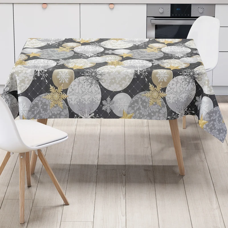 KEVKUS Wachstuch Tischdecke Weihnachten B7000-02 goldene Sterne anthrazit Kugeln eckig rund oval