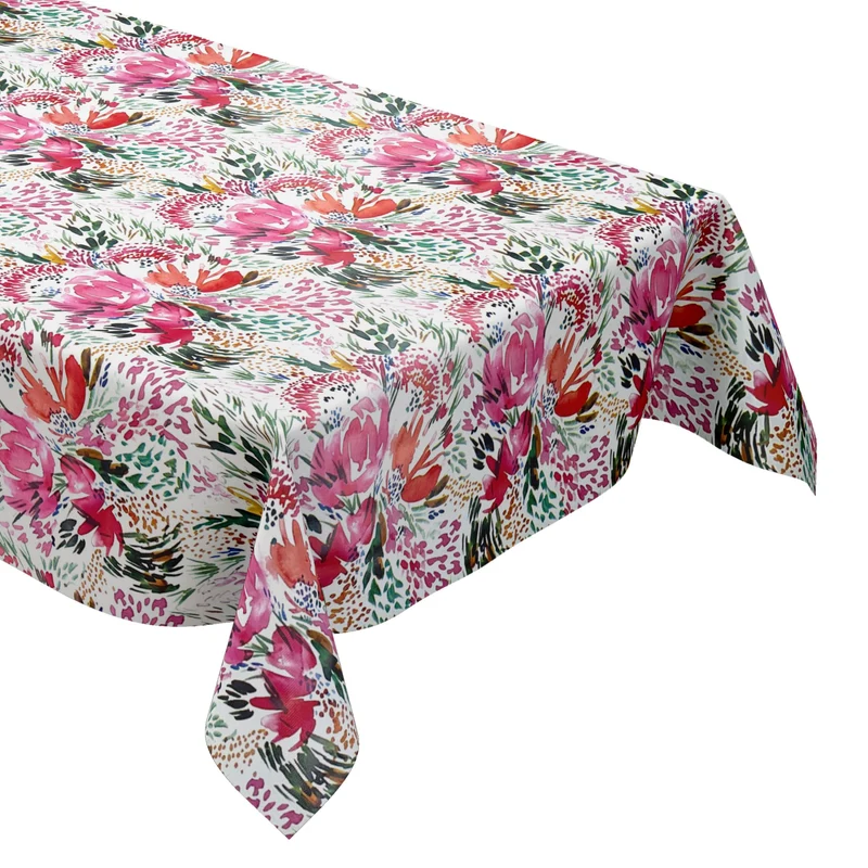 Wachstuch Tischdecke K150202 Blumenwiese rosa Blüten auf weiß eckig rund oval
