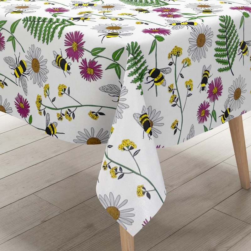 Wachstuch Tischdecke K150205 bunte Blüten und Bienen auf weiß eckig rund oval