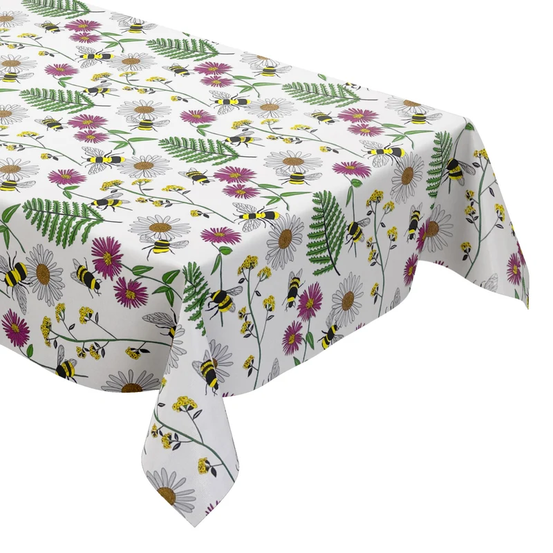 Wachstuch Tischdecke K150205 bunte Blüten und Bienen auf weiß eckig rund oval