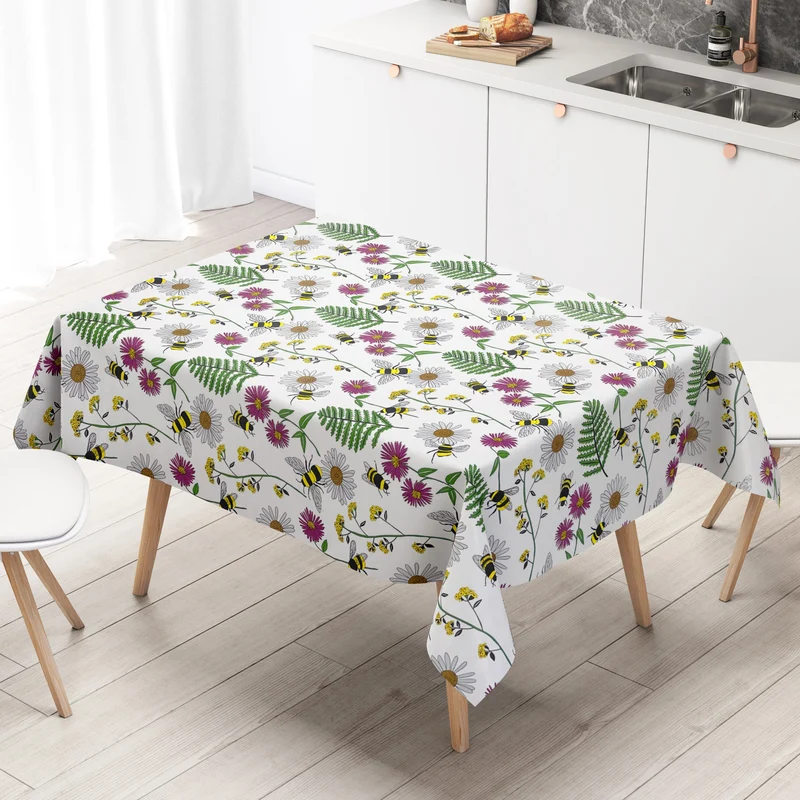 Wachstuch Tischdecke K150205 bunte Blüten und Bienen auf weiß eckig rund oval