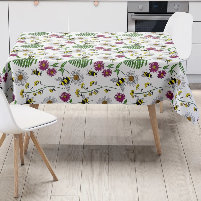 Wachstuch Tischdecke K150205 bunte Blüten und Bienen auf weiß eckig rund oval