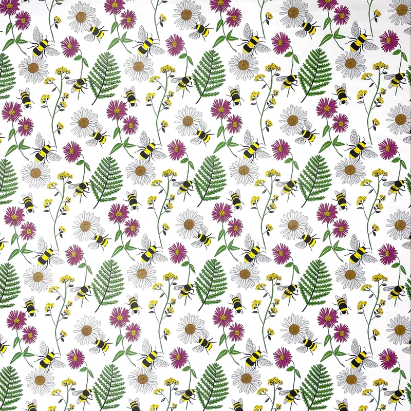 Wachstuch Tischdecke K150205 bunte Blüten und Bienen auf weiß eckig rund oval