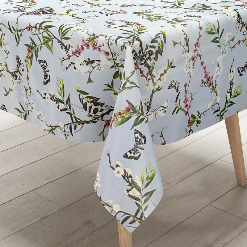 Wachstuch Tischdecke K150206 bunte Blüten und Schmetterlinge auf hellblau eckig rund oval
