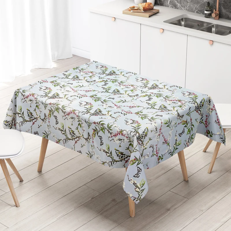 Wachstuch Tischdecke K150206 bunte Blüten und Schmetterlinge auf hellblau eckig rund oval