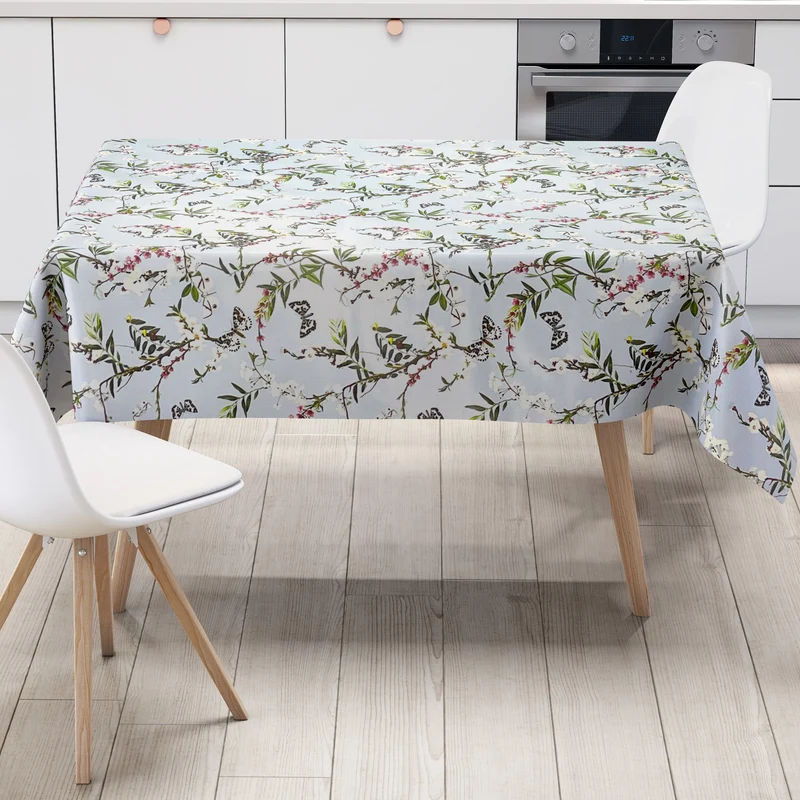 Wachstuch Tischdecke K150206 bunte Blüten und Schmetterlinge auf hellblau eckig rund oval