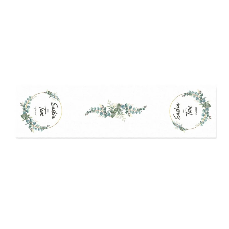Tischläufer zur Hochzeit mit Eukalyptus-Motiv, Namen und Datum - in zwei Längen