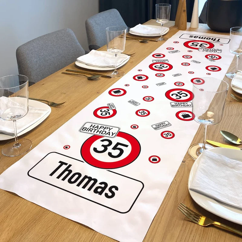 Geburtstags-Tischläufer mit Verkehrszeichen, Alter & Name - in zwei Längen