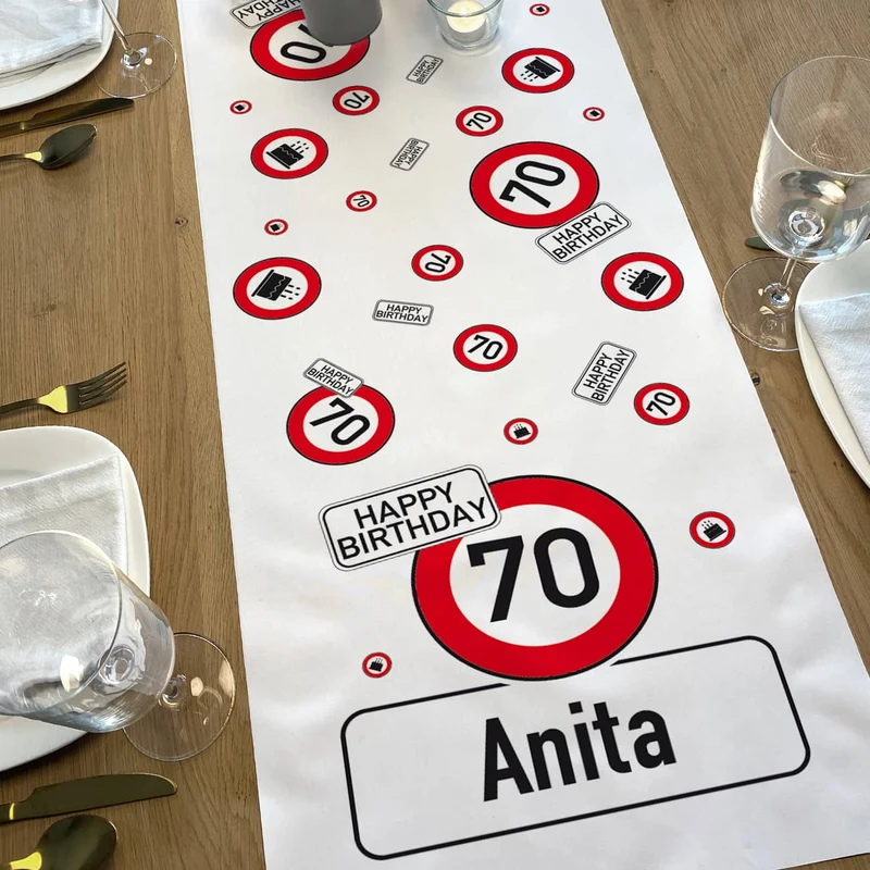 Geburtstags-Tischläufer mit Verkehrszeichen, Alter & Name - in zwei Längen