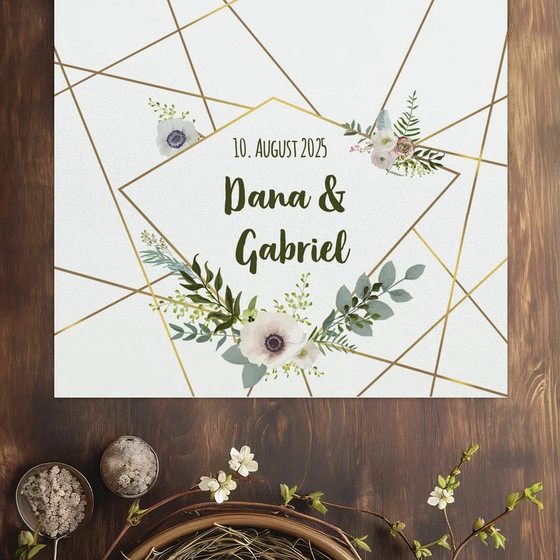 Tischläufer zur Hochzeit mit Namen, Datum & Blüten - in zwei Längen