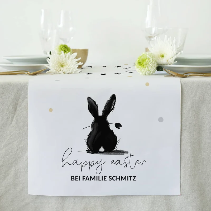 Happy Easter - Tischläufer mit Hase und Wunschtext in 2 Größen verfügbar
