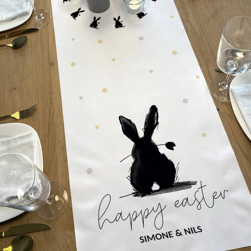 Happy Easter - Tischläufer mit Hase und Wunschtext in 2 Größen verfügbar