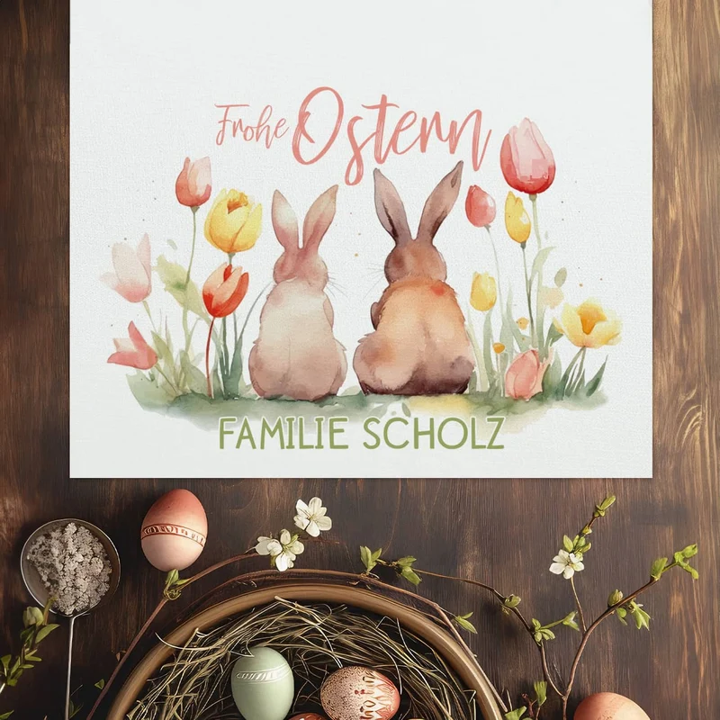 Tischläufer mit Osterhasen und Wunschtext in 2 Größen verfügbar